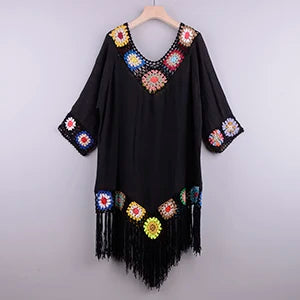 Crochet Fringe Bikini Cover-Up – Boho Hollow Tunic Beach Dress