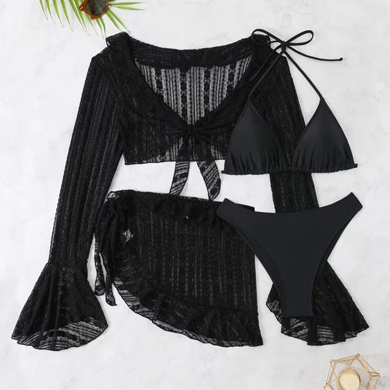4-Piece Bikini Set with Cover-Up – Long Sleeve Sheer Beach Swimsuit Set