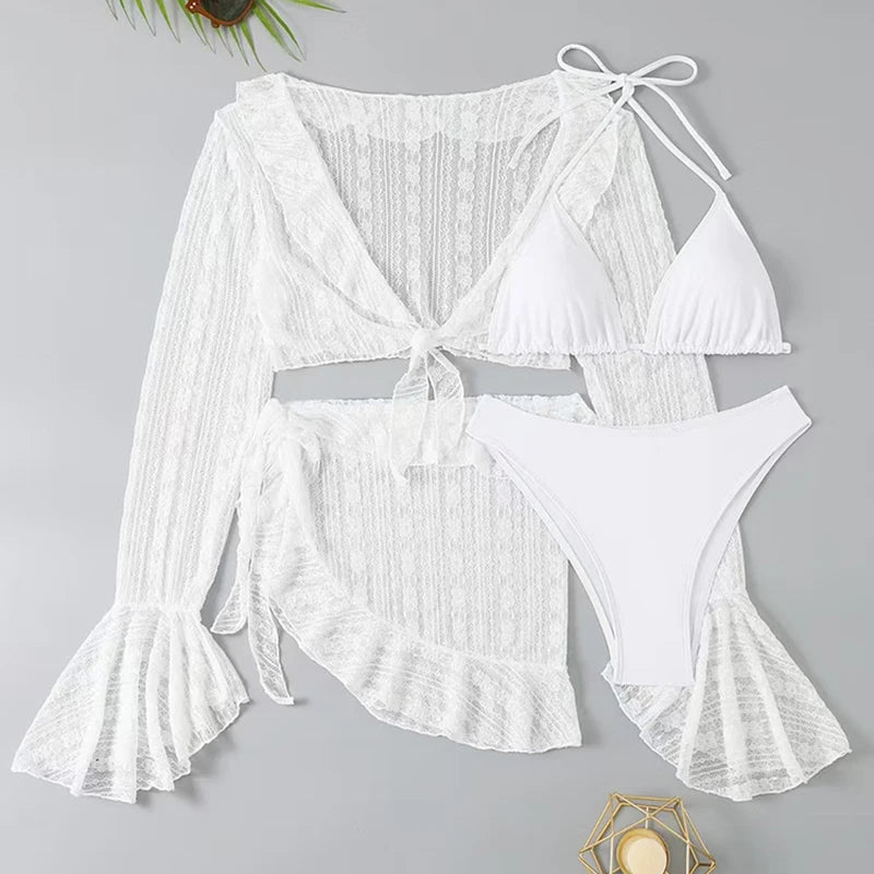 4-Piece Bikini Set with Cover-Up – Long Sleeve Sheer Beach Swimsuit Set