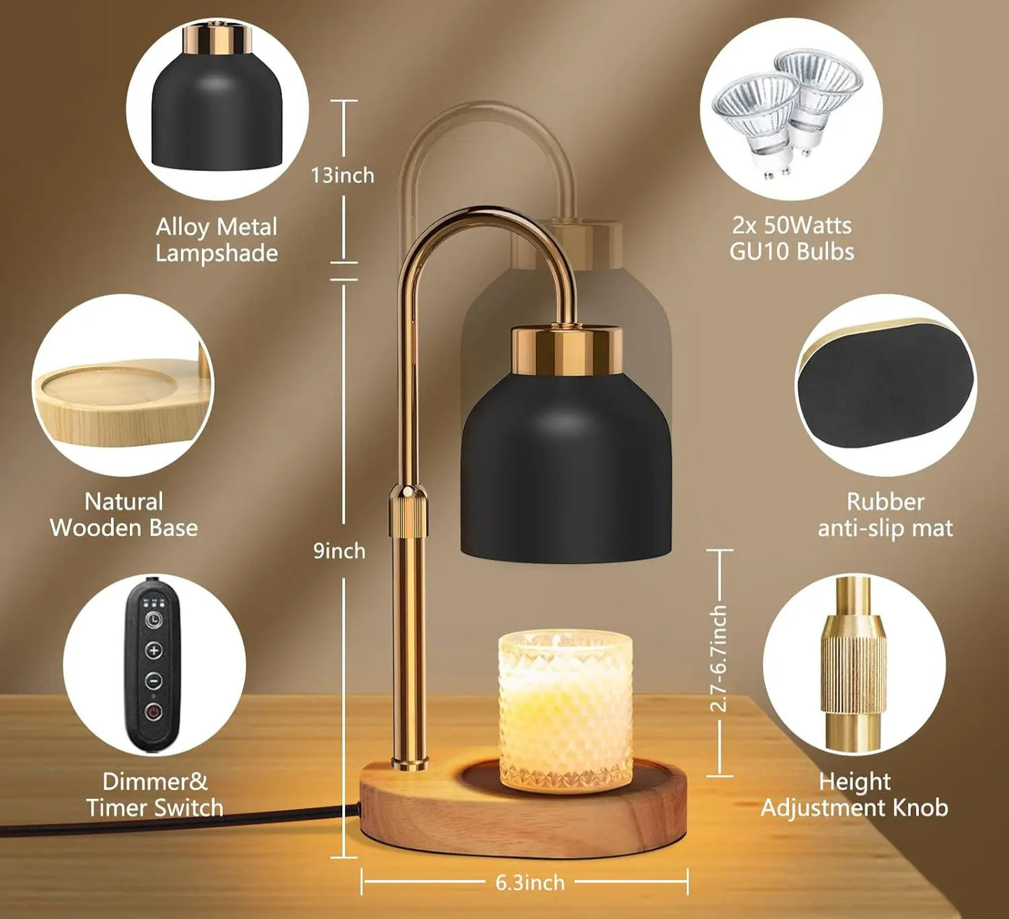 Arc Candle Warmer Lamp - Electric Wax Warmer with Timer & 2 Bulbs