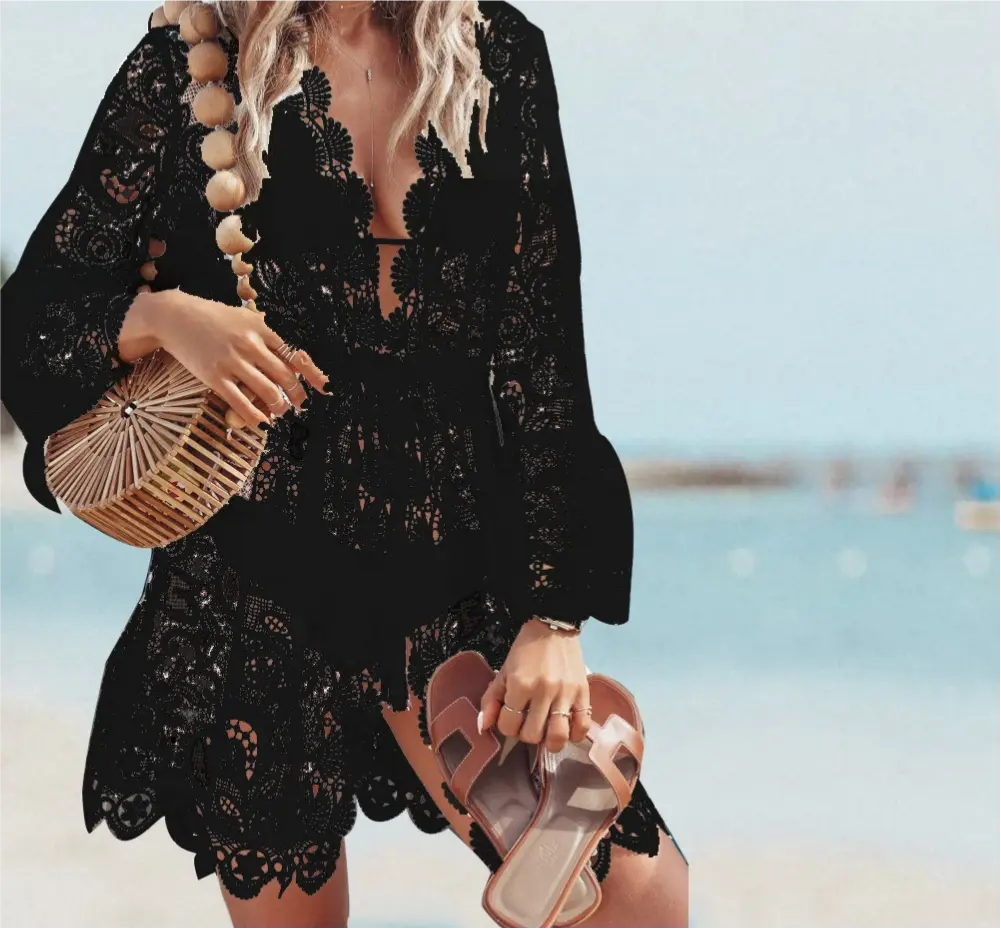 Boho Crochet Lace Cover-Up Dress – V-Neck Ruffle Sleeve Knit Beach Sundress