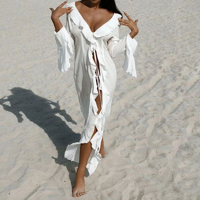 Chiffon Beach Cover-Up Dress – V-Neck Ruffled Long Sleeve Tunic for Women