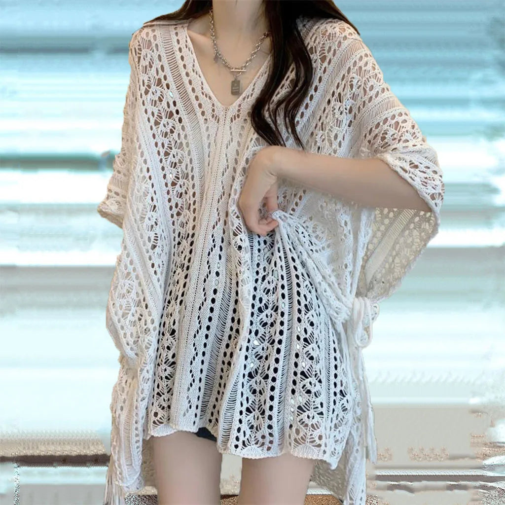 Crochet Lace Beach Cover-Up Dress – V-Neck Side Split Knit Swimsuit Cover