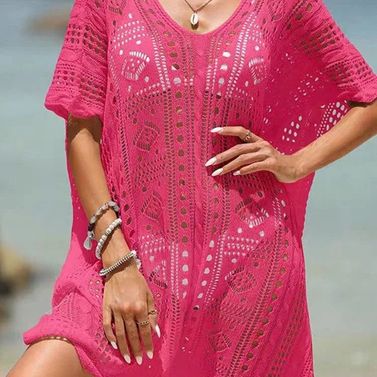 Crochet Lace Beach Cover-Up Dress – V-Neck Side Split Knit Swimsuit Cover