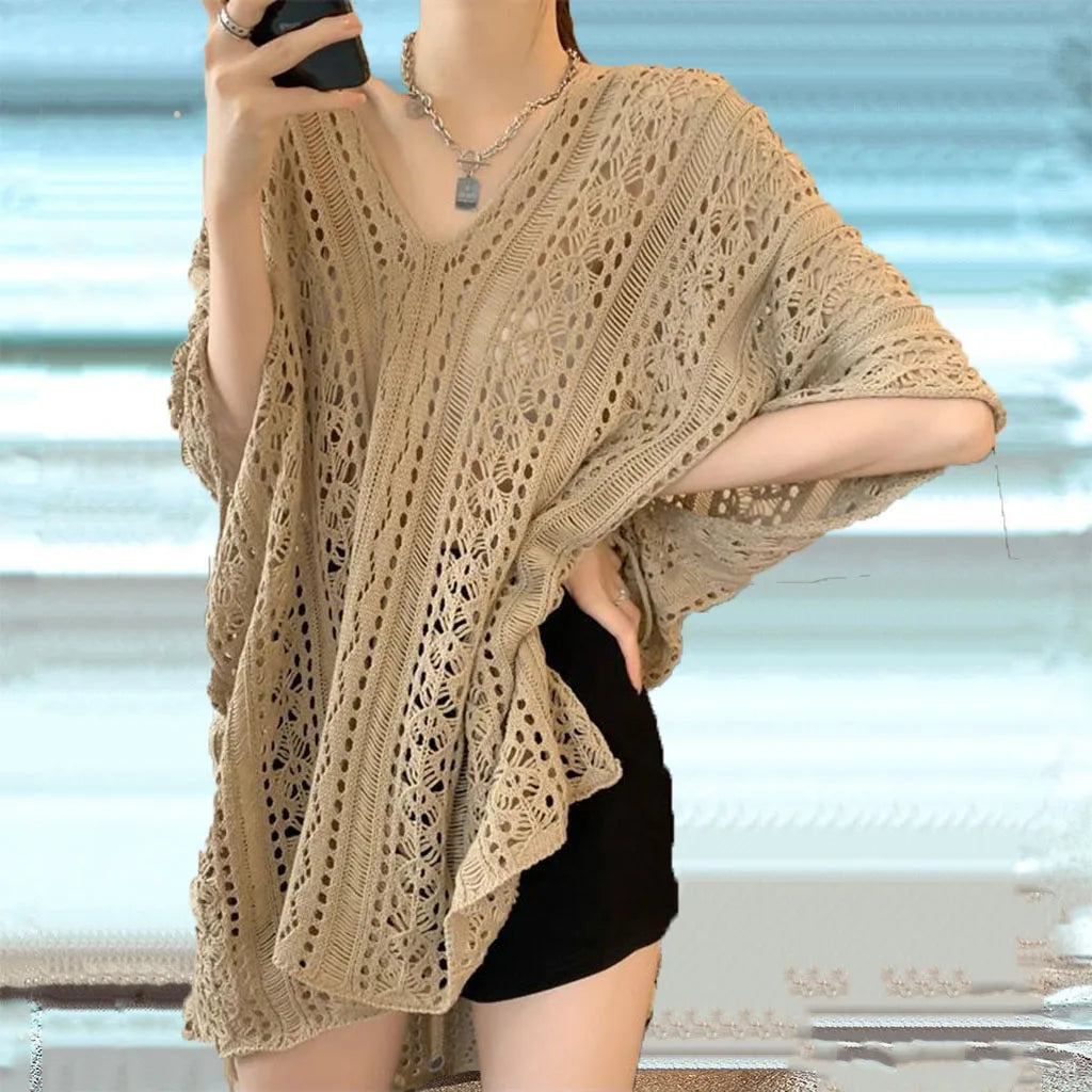 Crochet Lace Beach Cover-Up Dress – V-Neck Side Split Knit Swimsuit Cover