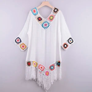 Crochet Fringe Bikini Cover-Up – Boho Hollow Tunic Beach Dress