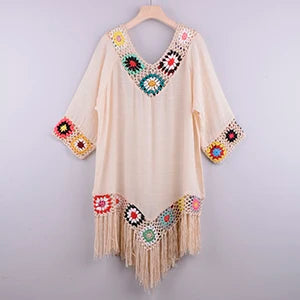 Crochet Fringe Bikini Cover-Up – Boho Hollow Tunic Beach Dress