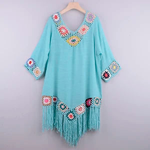 Crochet Fringe Bikini Cover-Up – Boho Hollow Tunic Beach Dress