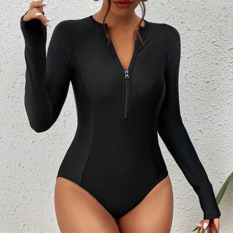 Long Sleeve One-Piece Swimsuit - Sculpted Surf Style Bodysuit for Women