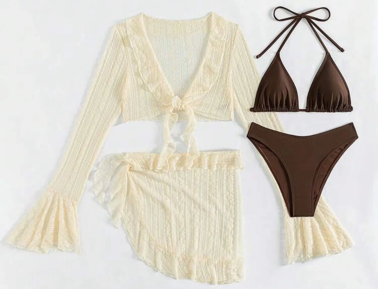 4-Piece Bikini Set with Cover-Up – Long Sleeve Sheer Beach Swimsuit Set