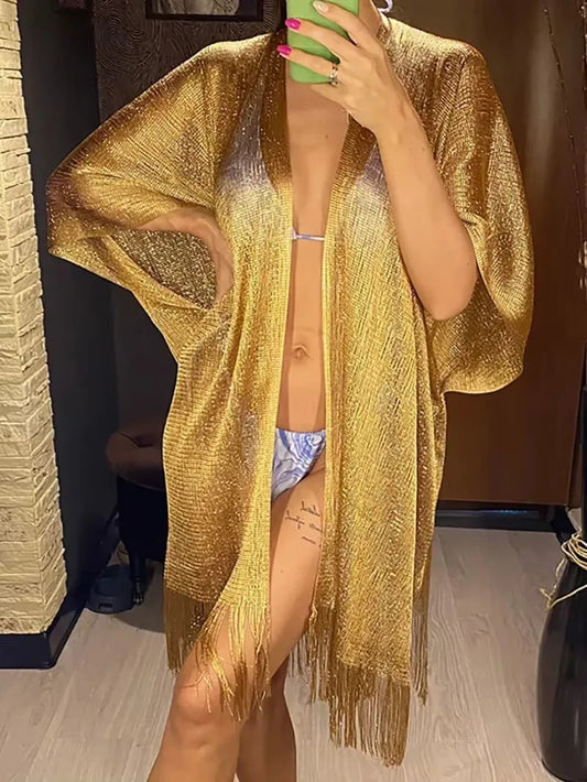 Tassel Gold Bikini Cover-Up – Sheer Tunic Beach Dress for Women