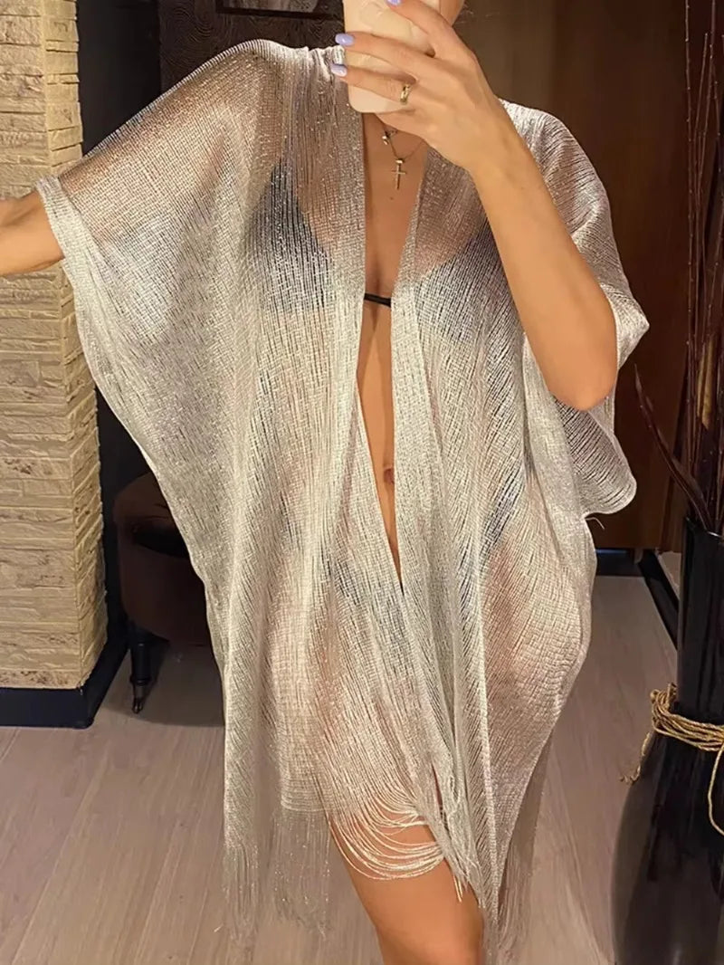 Tassel Gold Bikini Cover-Up – Sheer Tunic Beach Dress for Women