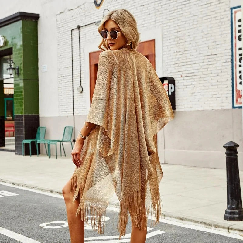 Tassel Gold Bikini Cover-Up – Sheer Tunic Beach Dress for Women