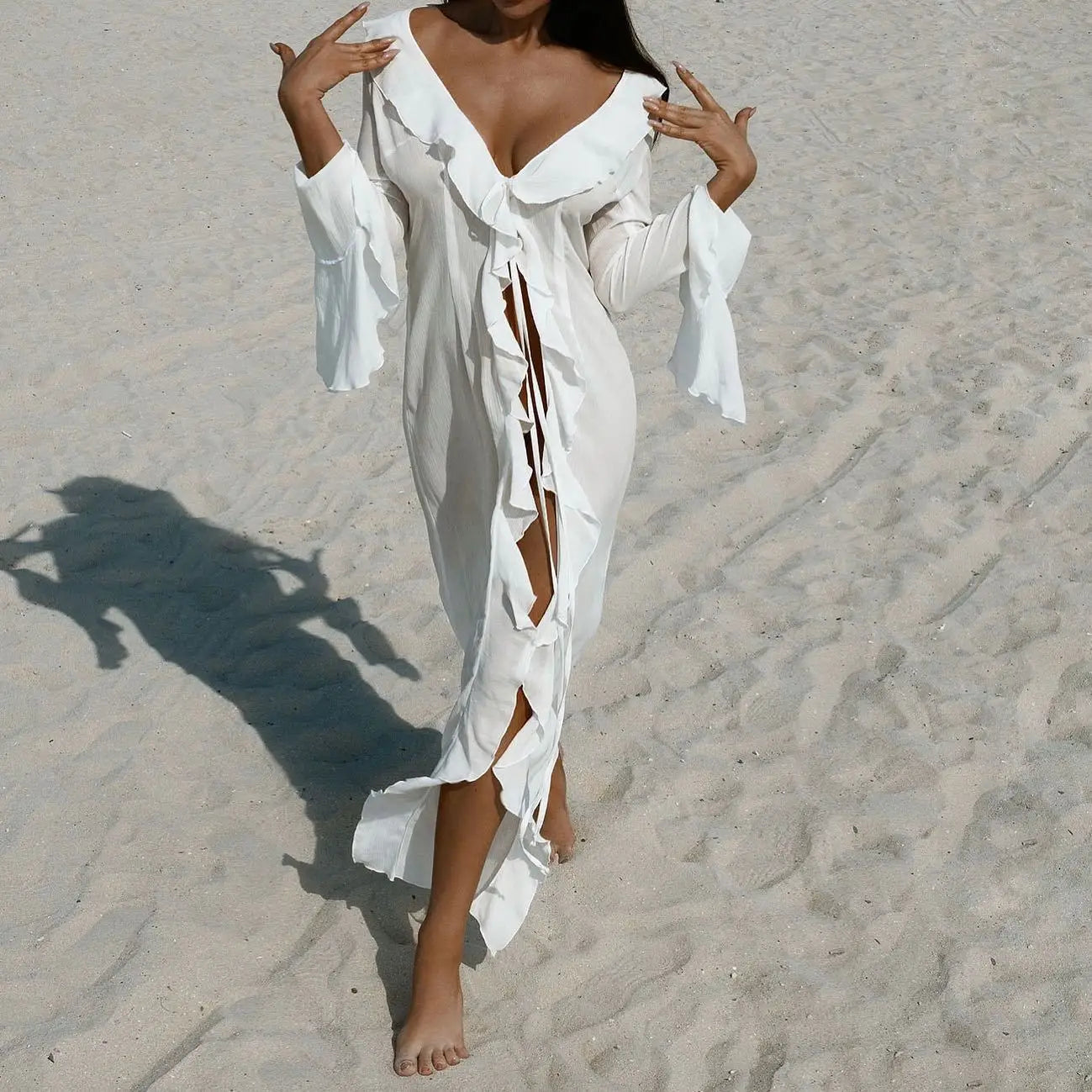 Chiffon Beach Cover-Up Dress – V-Neck Ruffled Long Sleeve Tunic for Women